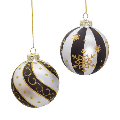 Kurt Adler 80 Mm Silver Black Gold Glass Balls 6-pc. Christmas Ornament