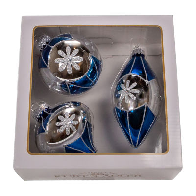 Kurt Adler 80mm Glass Blue Snowflake Ball Onion And Teardrop Shaped 3-pc. Christmas Ornament