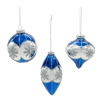 Kurt Adler 80mm Glass Blue Snowflake Ball Onion And Teardrop Shaped 3-pc. Christmas Ornament