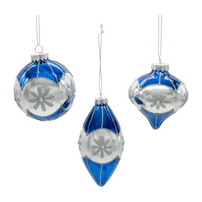 Kurt Adler 80mm Glass Blue Snowflake Ball Onion And Teardrop Shaped 3-pc. Christmas Ornament