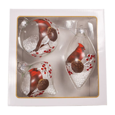 Kurt Adler 80mm Glass Transparent Cardinal Ball Onion And Teardrop Shaped 3-pc. Christmas Ornament