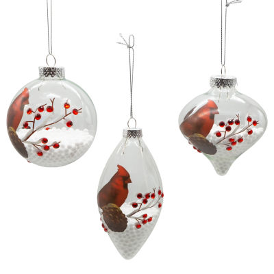 Kurt Adler 80mm Glass Transparent Cardinal Ball Onion And Teardrop Shaped 3-pc. Christmas Ornament