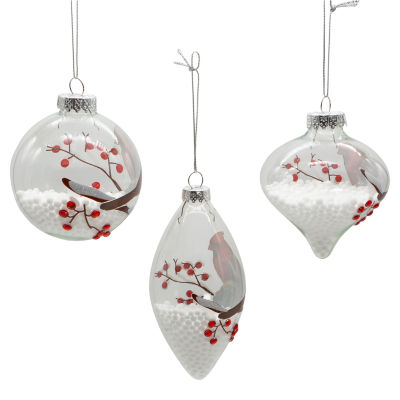 Kurt Adler 80mm Glass Transparent Cardinal Ball Onion And Teardrop Shaped 3-pc. Christmas Ornament