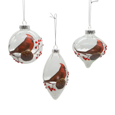 Kurt Adler 80mm Glass Transparent Cardinal Ball Onion And Teardrop Shaped 3-pc. Christmas Ornament