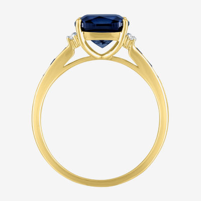 Womens Diamond Accent Lab Created Blue Sapphire 10K Gold Side Stone Cocktail Ring