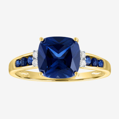 Womens Diamond Accent Lab Created Blue Sapphire 10K Gold Side Stone Cocktail Ring