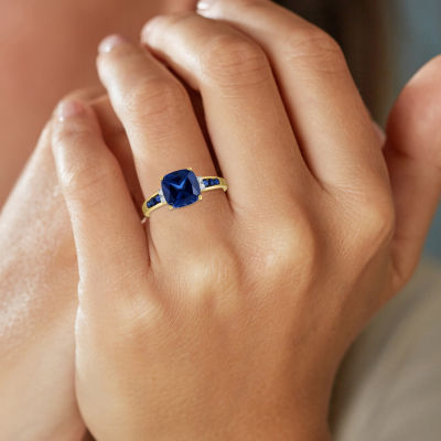 Womens Diamond Accent Lab Created Blue Sapphire 10K Gold Side Stone Cocktail Ring