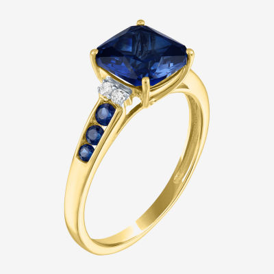 Womens Diamond Accent Lab Created Blue Sapphire 10K Gold Side Stone Cocktail Ring