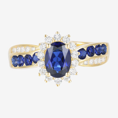 Womens Lab Created Blue Sapphire 14K Gold Over Silver Halo Side Stone Cocktail Ring