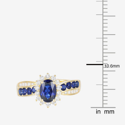 Womens Lab Created Blue Sapphire 14K Gold Over Silver Halo Side Stone Cocktail Ring