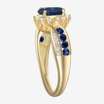 Womens Lab Created Blue Sapphire 14K Gold Over Silver Halo Side Stone Cocktail Ring