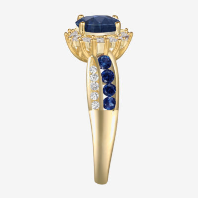 Womens Lab Created Blue Sapphire 14K Gold Over Silver Halo Side Stone Cocktail Ring