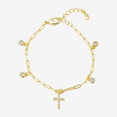 Gratitude & Grace Girls Cubic Zirconia 14K Gold Over Brass Cross Charm Bracelet