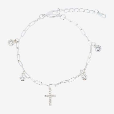 Gratitude & Grace Girls Cubic Zirconia Pure Silver Over Brass Cross Charm Bracelet