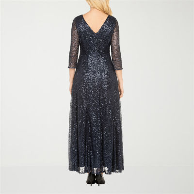 Giovanna Signature Womens Embellished Sequin 3/4 Sleeve Floral Evening Gown
