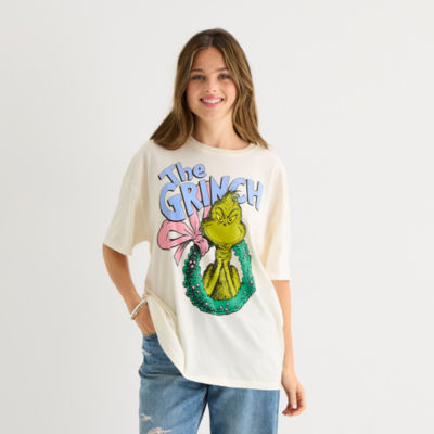 Womens Juniors Crew Neck Short Sleeve Oversized Grinch Graphic T-Shirt