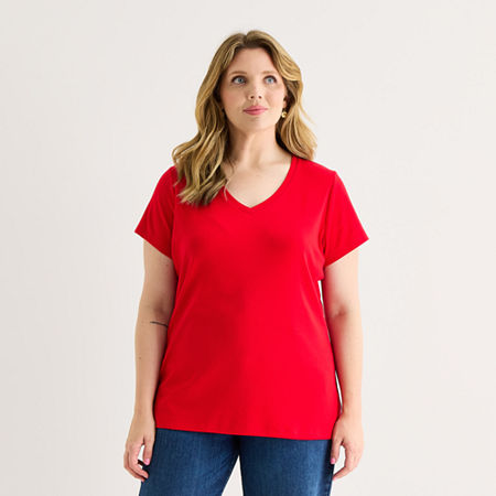 St. John's Bay Womens Plus V Neck Short Sleeve T-shirt In Red