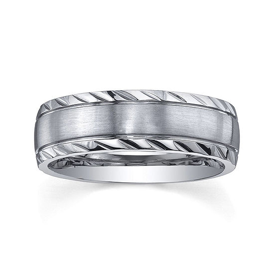 Personalized Mens 7mm Diamond-Cut Stainless Steel Wedding Band