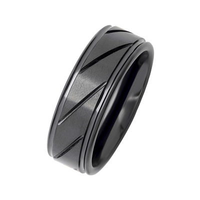  Personalized Mens 7mm Comfort Fit Diagonal Stripe Black Ceramic Wedding Band
