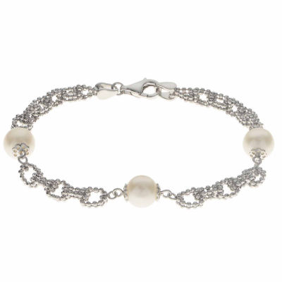 Cultured Freshwater Pearl Sterling Silver Station Chain Bracelet