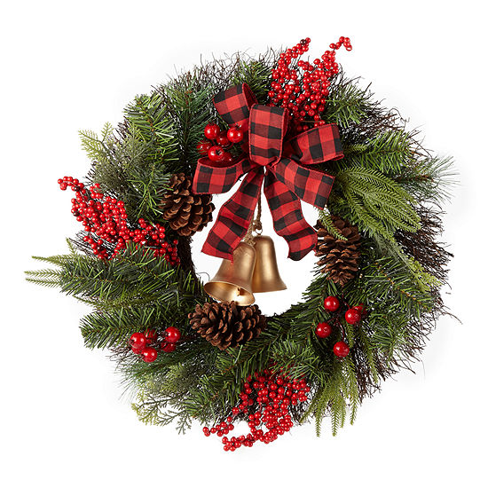 North Pole Trading Co. Buffalo Check Sleigh Bells Pre-Lit Indoor Christmas Wreath