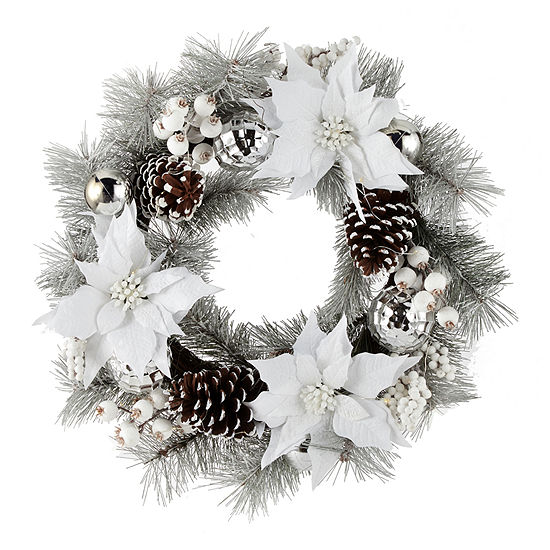 North Pole Trading Co. White Poinsettia Indoor Pre-Lit Christmas Wreath