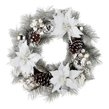 North Pole Trading Co. White Poinsettia Indoor Pre-Lit Christmas Wreath, One Size , White