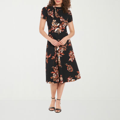 London Style Womens Short Sleeve Floral Midi Fit + Flare Dress