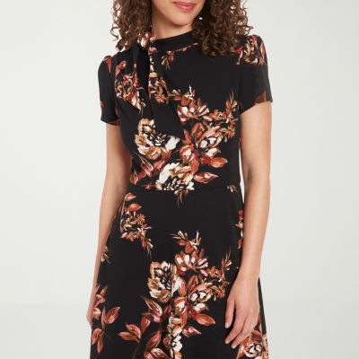 London Style Womens Short Sleeve Floral Midi Fit + Flare Dress