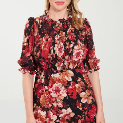 London Style Womens Elbow Sleeve Floral Midi Fit + Flare Dress