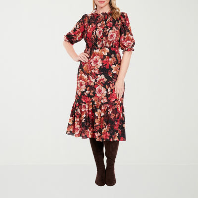 London Style Womens Elbow Sleeve Floral Midi Fit + Flare Dress