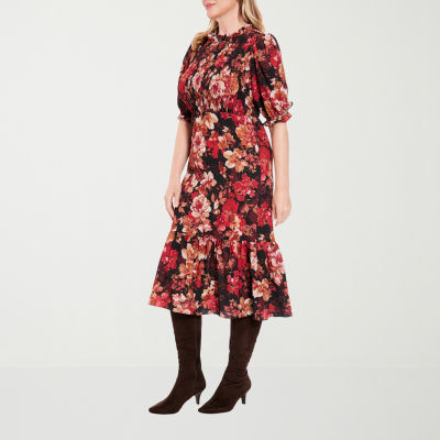 London Style Womens Elbow Sleeve Floral Midi Fit + Flare Dress