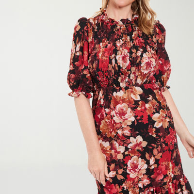 London Style Womens Elbow Sleeve Floral Midi Fit + Flare Dress