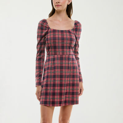 Trixxi Womens Juniors Long Sleeve Plaid Fit + Flare Dress