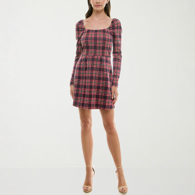 Trixxi Womens Juniors Long Sleeve Plaid Fit + Flare Dress