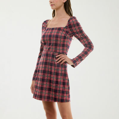 Trixxi Womens Long Sleeve Plaid Fit + Flare Dress Juniors