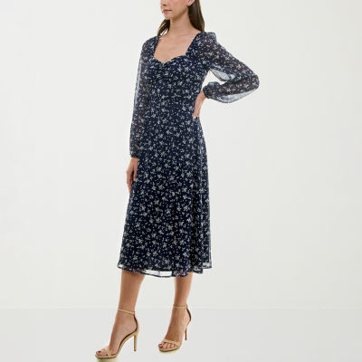 Trixxi Womens Long Sleeve Floral Midi A-Line Dress Juniors