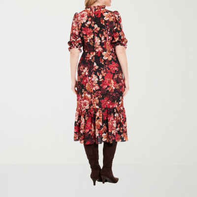 London Style Womens Elbow Sleeve Floral Midi Fit + Flare Dress