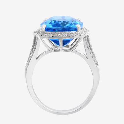 Effy Final Call Womens 3/8 CT. T.W. Genuine Blue Topaz 14K White Gold Cushion Halo Cocktail Ring