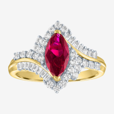 Womens Lab Created Red Ruby 14K Gold Over Silver Halo Side Stone Cocktail Ring