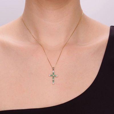 Womens 1/6 CT. T.W. Genuine Green Emerald 10K Gold Cross Pendant Necklace