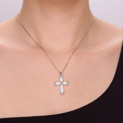 Womens Diamond Accent Lab Created White Opal Sterling Silver Cross Pendant Necklace