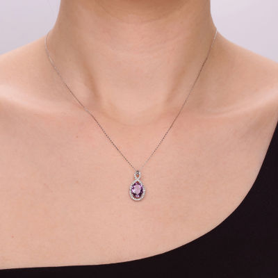 Womens Genuine Purple Amethyst Sterling Silver Oval Pendant Necklace