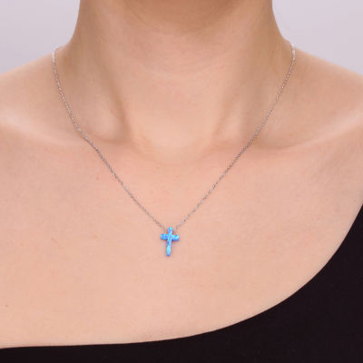 Womens Lab Created White Opal Sterling Silver Cross Pendant Necklace