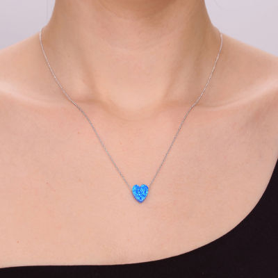 Womens Lab Created Blue Opal Sterling Silver Heart Pendant Necklace