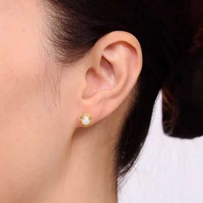 Diamond Accent Lab Created White Opal 14K Gold Over Silver 9mm Stud Earrings