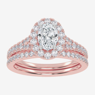 (G-H / Vs2-Si1) Womens 1 CT. T.W. Lab Grown White Diamond 10K Rose Gold Oval Side Stone Halo Bridal Set