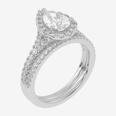 (G-H / Vs2-Si1) Womens 1 1/2 CT. T.W. Lab Grown White Diamond 14K Rose Gold Pear Side Stone Halo Bridal Set