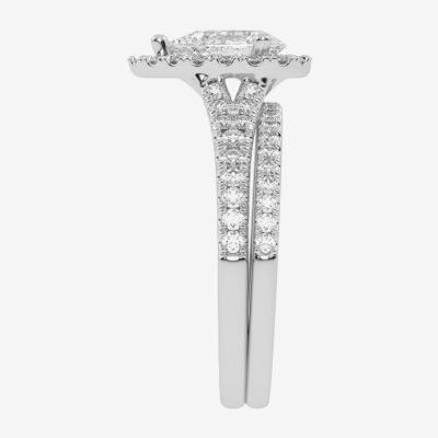 (G-H / Vs2-Si1) Womens 1 1/2 CT. T.W. Lab Grown White Diamond 14K Rose Gold Pear Side Stone Halo Bridal Set