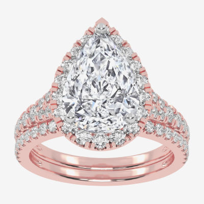 G-H / Vs2-Si1) Womens 3 3/4 CT. T.W. Lab Grown White Diamond 14K Rose Gold Pear Side Stone Halo Bridal Set